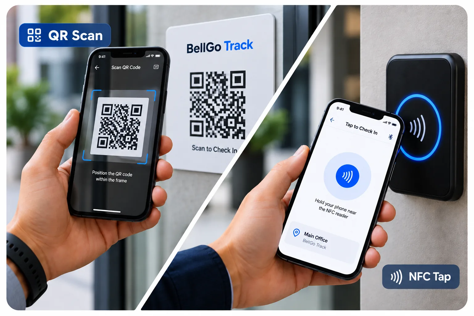 QR scan and NFC tap checkpoints in BellGo Track