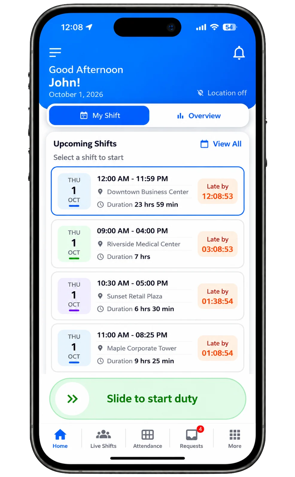 BellGo Track app: My Shifts home screen